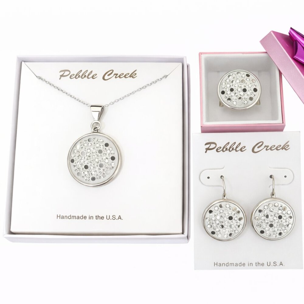 Handcrafted Swarovski Jet Black Crystal & Clay Round Pendant Set
